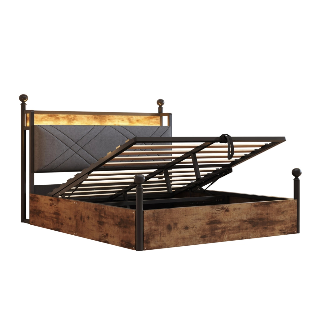 Letto matrimoniale multifunzione con contenitore, LED e porte USB/Type-C