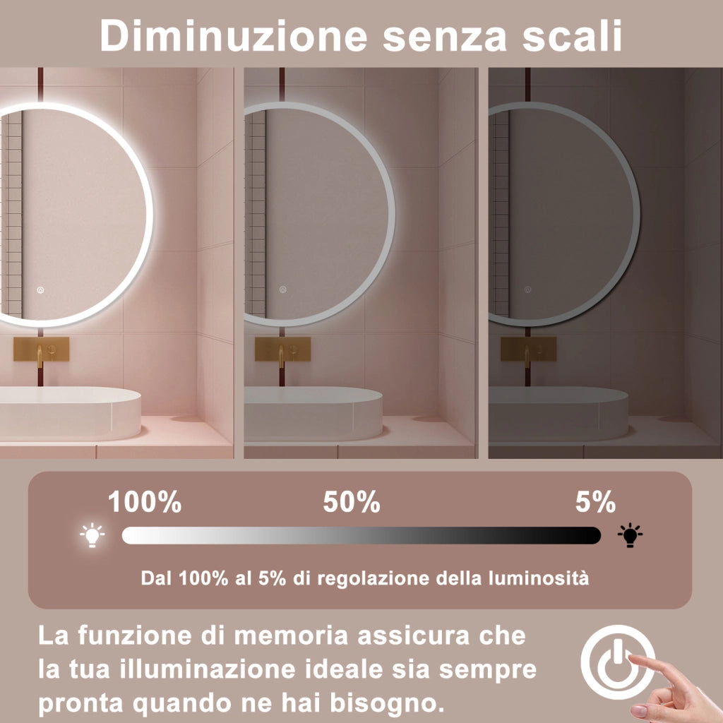 AICA Specchio da bagno 100 x 100 cm, antiappannamento, dimmerabile, interruttore touch, Funzione Memoria