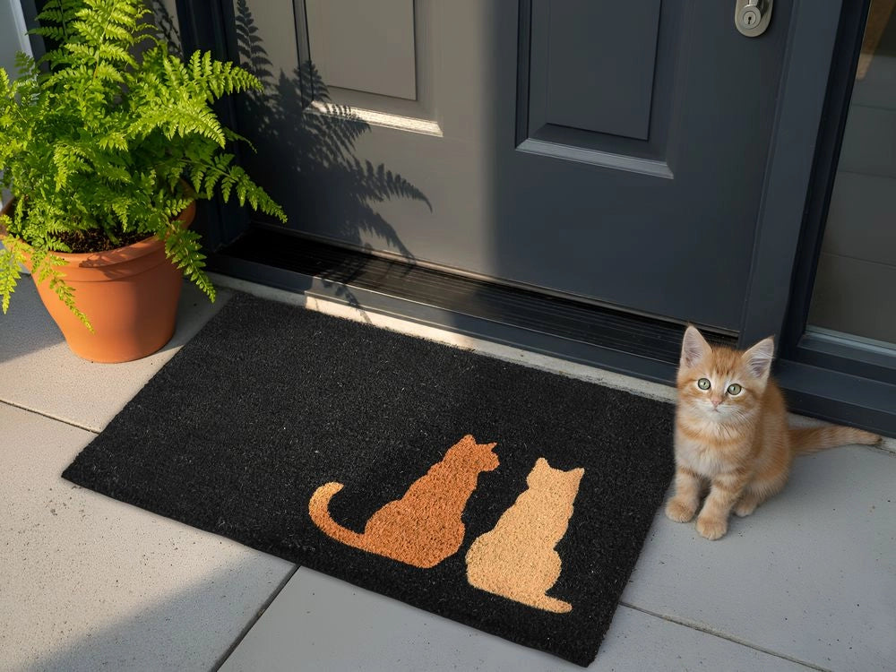 Zerbino di benvenuto in fibra di cocco antiscivolo 60 x 90 cm con supporto in PVC Motivo gatti Nero