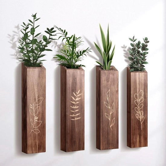 Set di 4 contenitori di pianta in legno per parete moderna bohemien decorazione per soggiorno e camera da letto contenitori per fiori secchi e piante artificiali