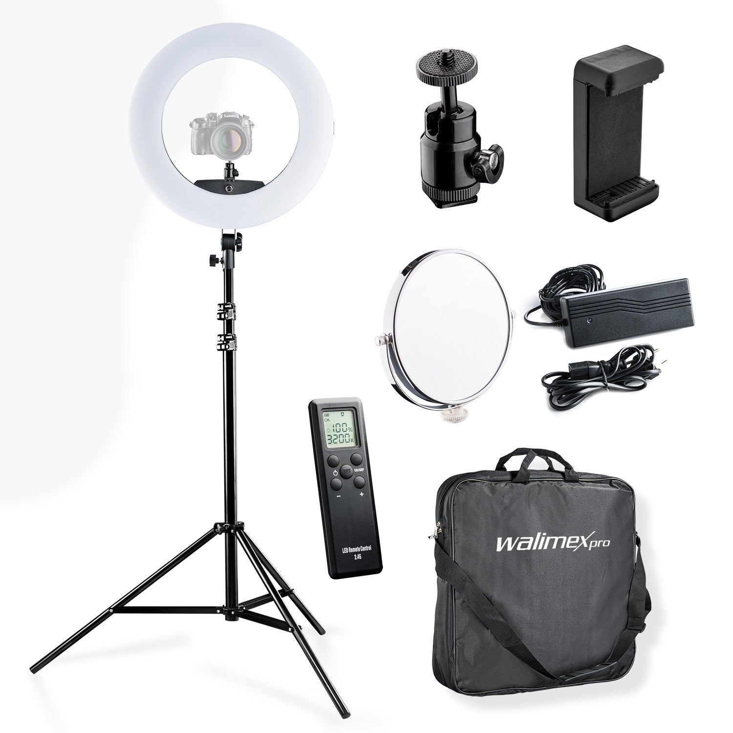 Medow 960 Pro Luce anulare LED incl. treppiede, luce anulare bicolore 3200-5500 K, luce video dimmerabile con telecomando 96 W, treppiede per lampada con ammortizzazione a molla