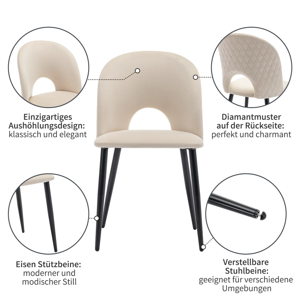 SEDIA Imbottita in velluto con schienale, gambe regolabili, beige, set da 6 pezzi