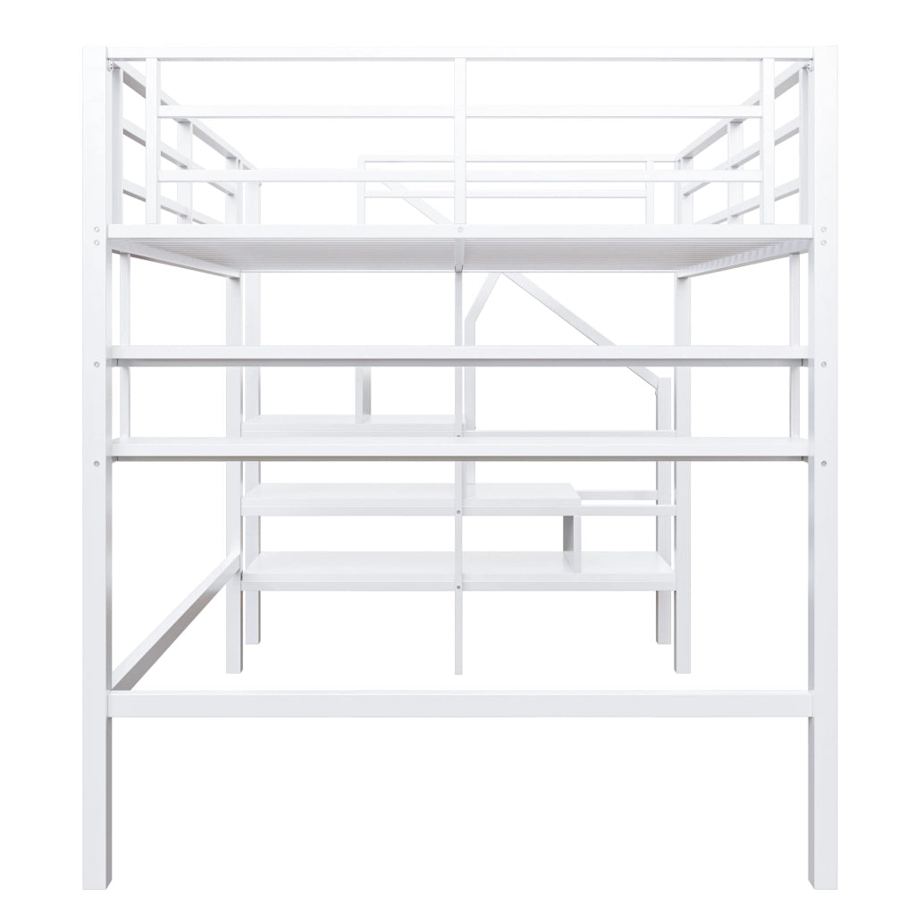 OKWISH Letto a Soppalco 140×200 cm, Letto Matrimoniale con Mensole, Scala Contenitore e Sponda, senza Materasso, in Metallo, Bianco