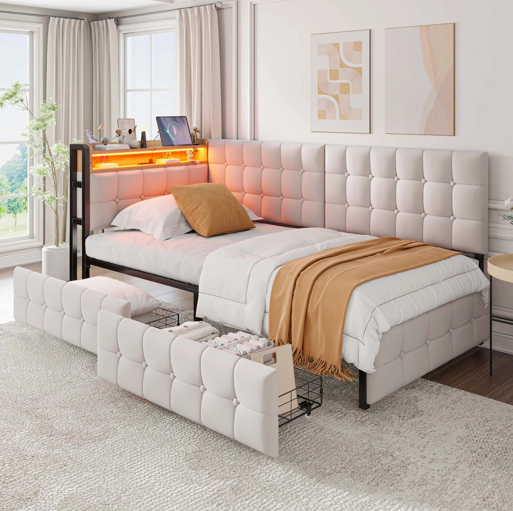 Divano letto 90x200 cm con 2 cassetti; LED e porte USB/Tipo-C in tessuto beige