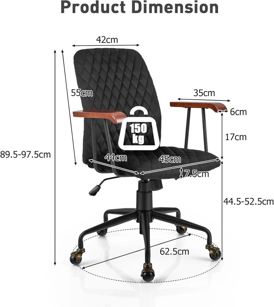 Poltrona da ufficio retrò in velluto regolabile in altezza con ruote, sedia da ufficio ergonomica con seduta imbottita e braccioli in legno di gomma, stile vintage, carico 150 kg