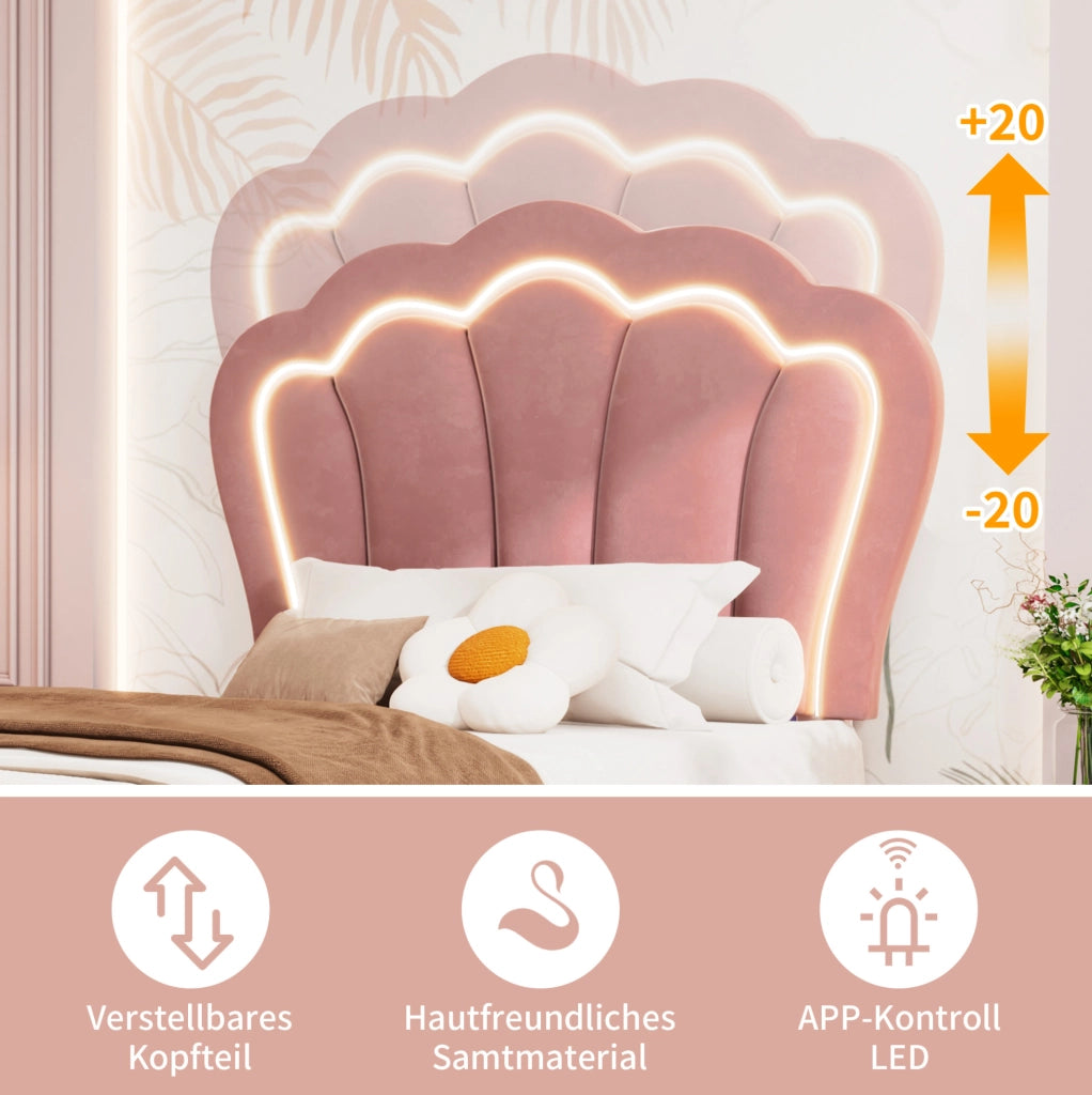 Letto singolo 90x200 cm in velluto rosa con LED RGB; testiera regolabile e cassetto