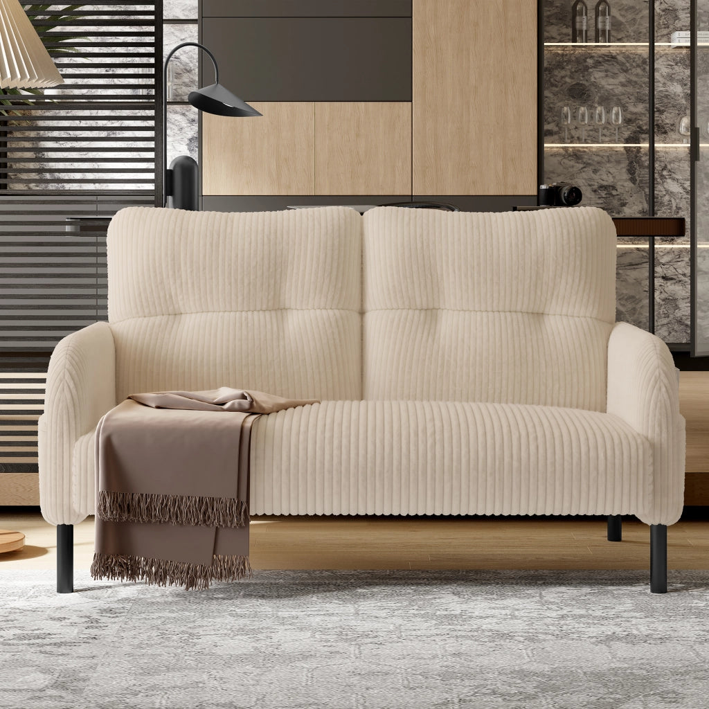 Divano 2 Posti con Schienale Ergonomico e Tasca Laterale; in Velluto a Coste; Beige; 120 × 75 × 79 cm