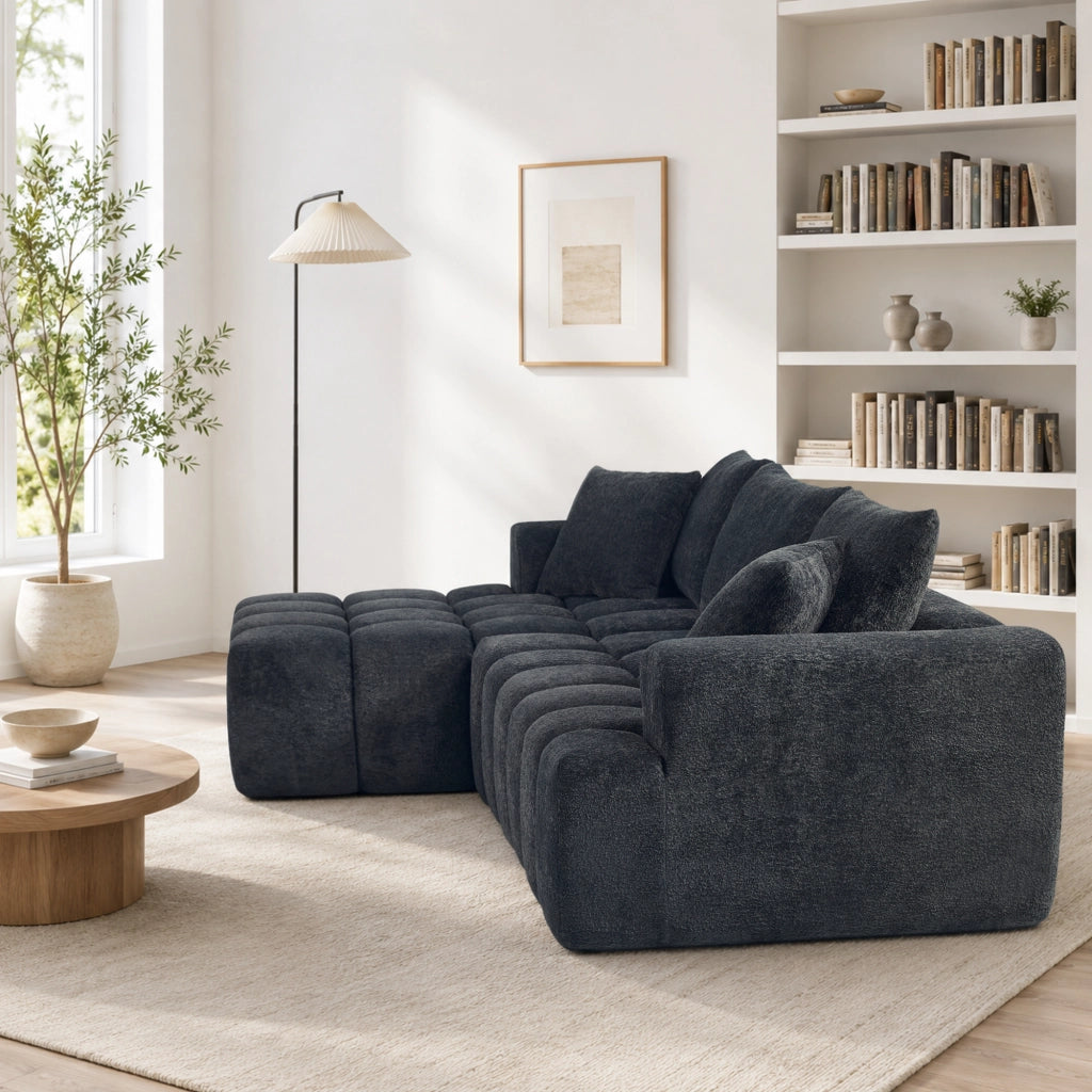 Divano angolare convertibile a L; stile moderno; nero e grigio
