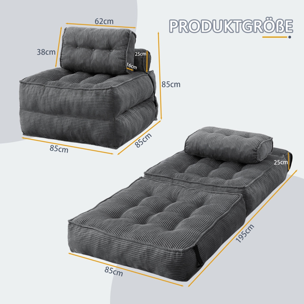 Pouf, divano letto pieghevole, velluto a coste, schienale regolabile, pronto all'uso, grigio