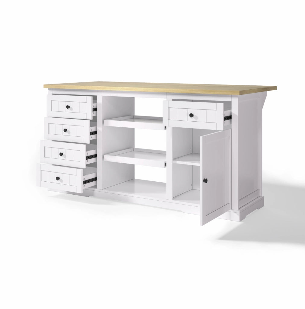 Mobile isola cucina bianco 150x65x75,5 cm con cassetti, ripiani estraibili e prese USB