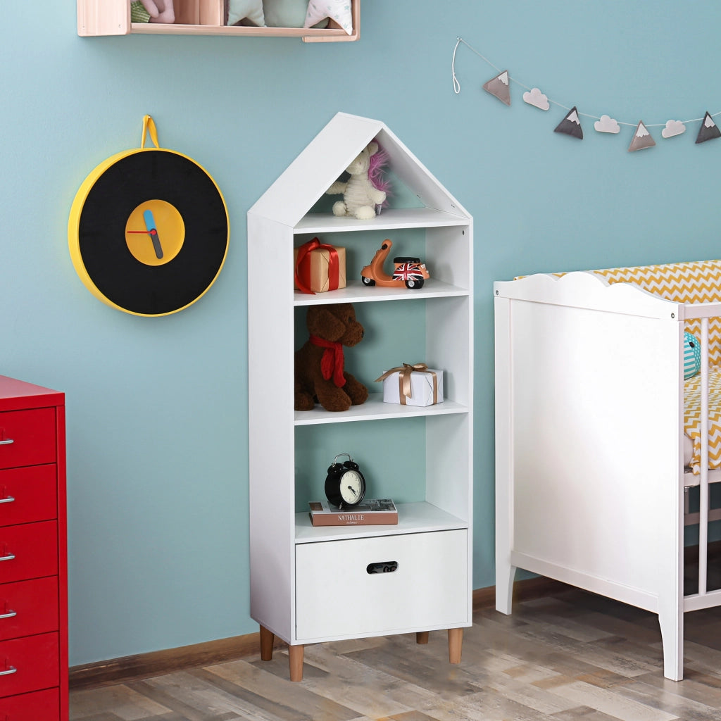 Libreria Scaffale Portagiochi per Cameretta Bimbi e Ragazzi, 1 Cassetto e 4 Ripiani, Bianca e Azzurra 50x30x142cm
