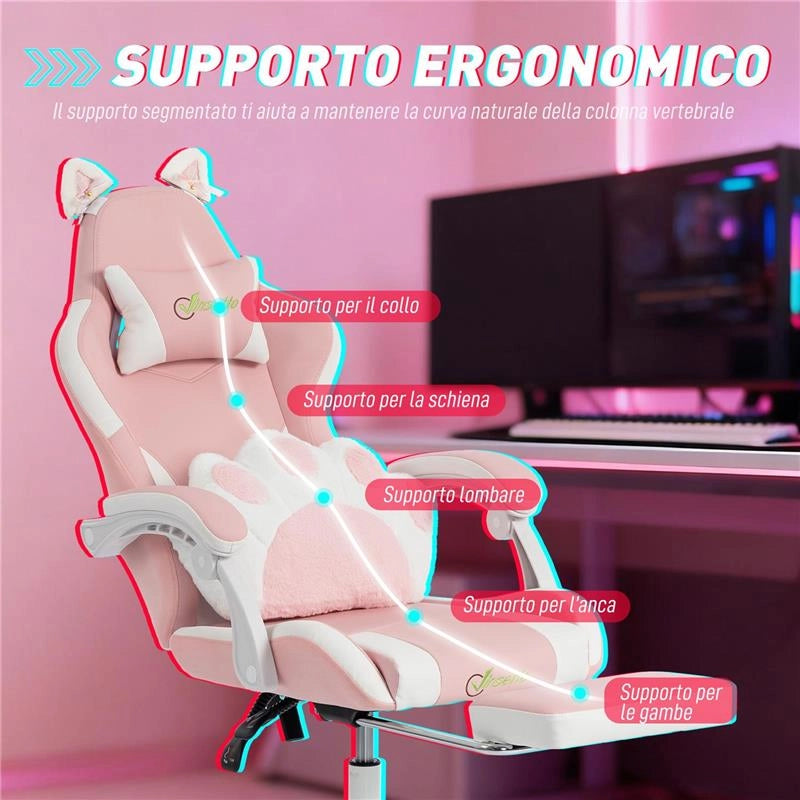 SEDIA GAMING POLTRONA GAMING ERGONOMICA RECLINABILE POGGIAPIEDI ROSA