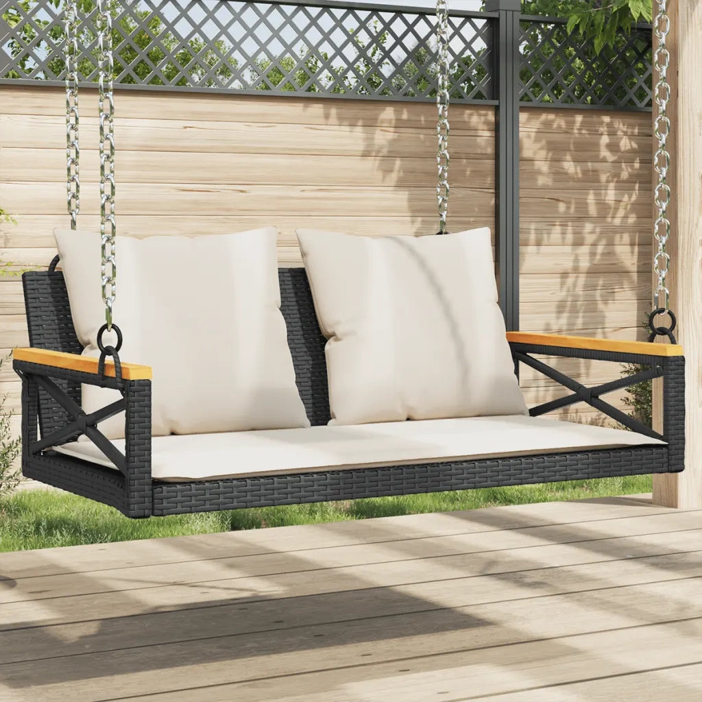 Panca da Giardino | Panchina a Dondolo con Cuscini Nera 109x62x40 cm in Polyrattan