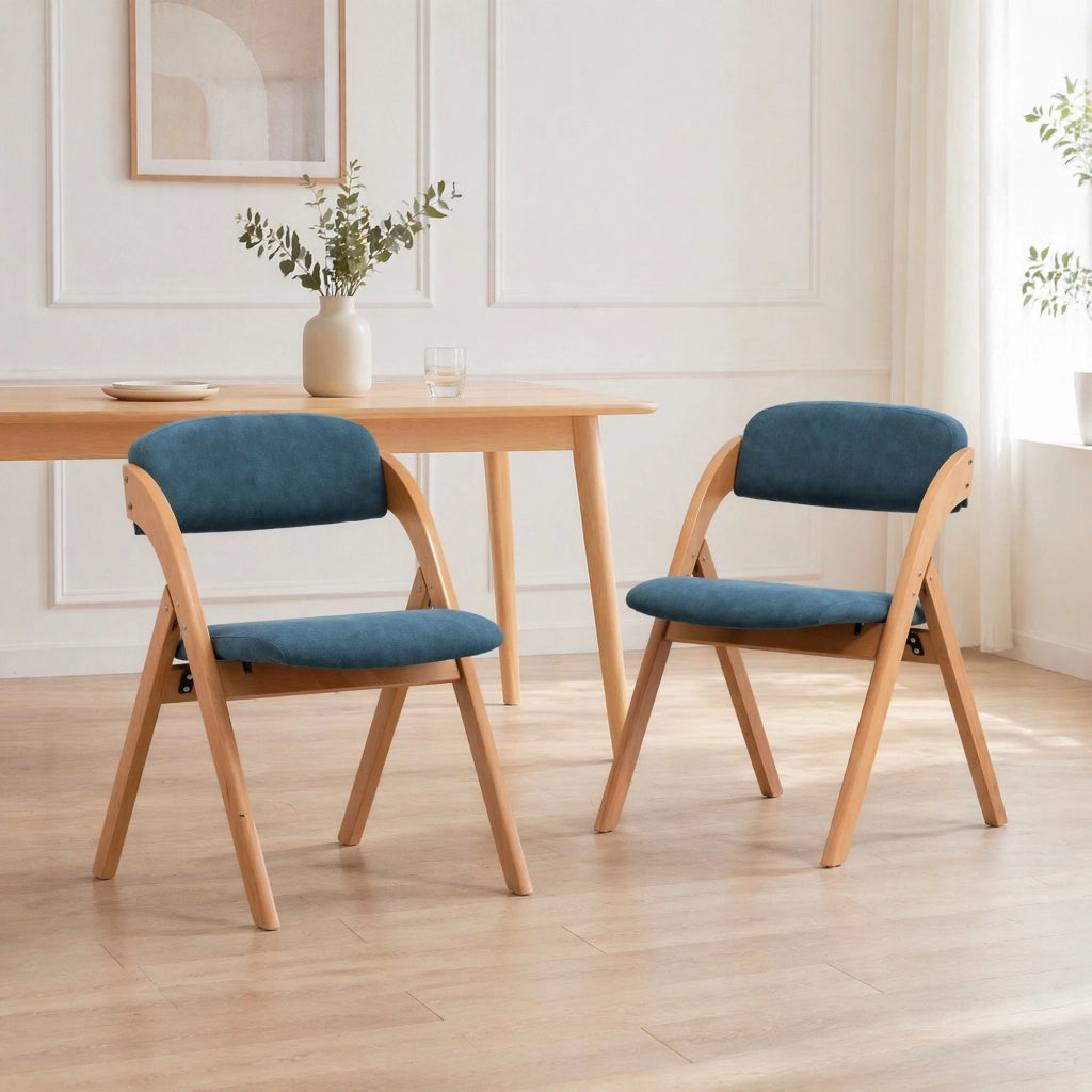 Set di 2 sedie pieghevoli imbottite in legno di faggio, colore blu, con rivestimento sfoderabile