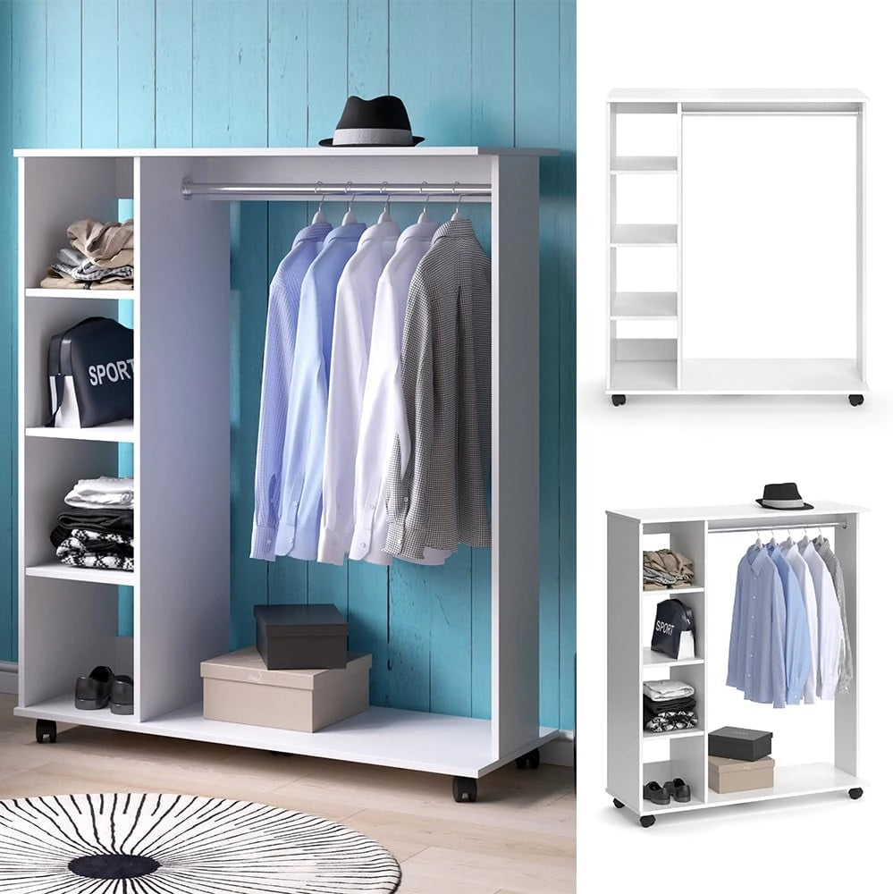 Armadio da ingresso Cosmo, Bianco, 110 x 129.4 cm, con ripiani aperti e ruote per un utilizzo flessibile