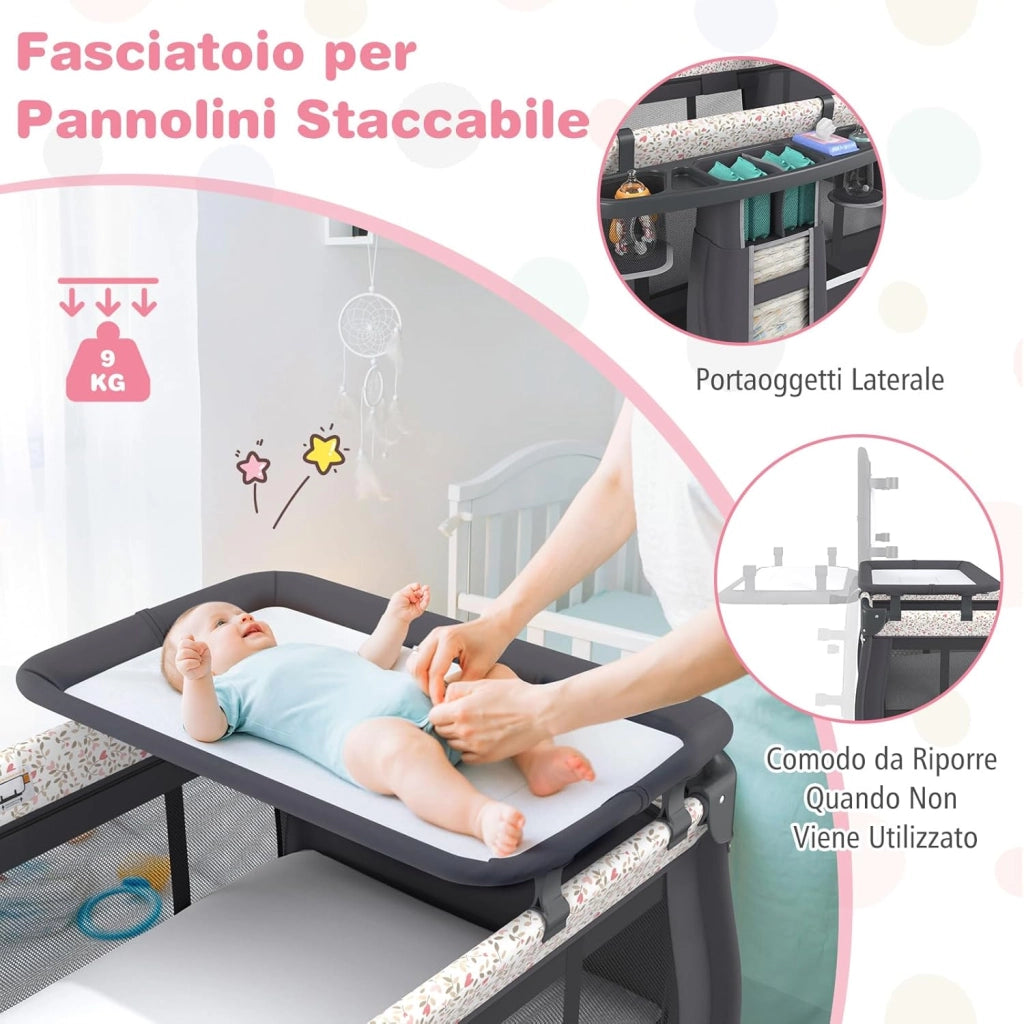 4 in 1 Lettino Neonato con Materasso, Culla da Campeggio con Fasciatoio Cappottina Regolabile, Ruote Bloccabili, Box Piechevole per Bambini 0-36 Mesi (Fiore Piccolo)