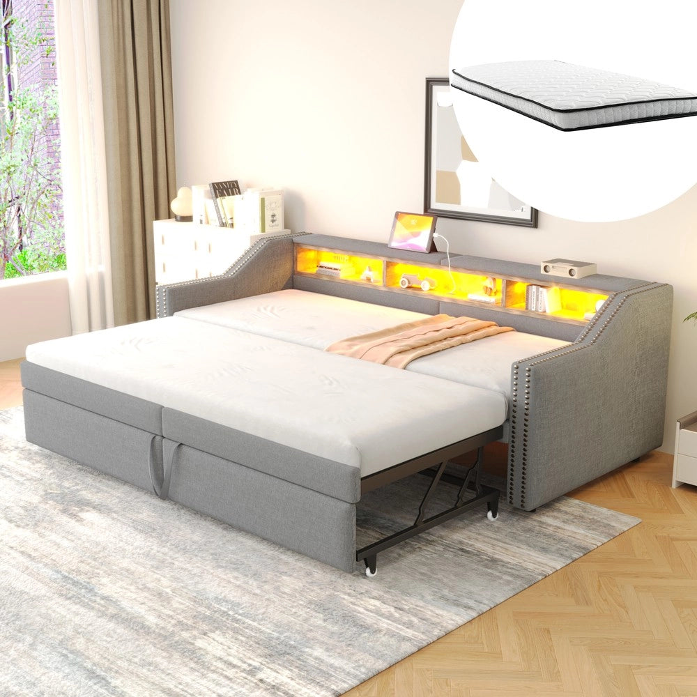 Letto Contenitore Imbottito Estraibile con LED ¨C MINIMAL ¨C Grigio Chiaro, 90x200/180x200, Rete a Doghe