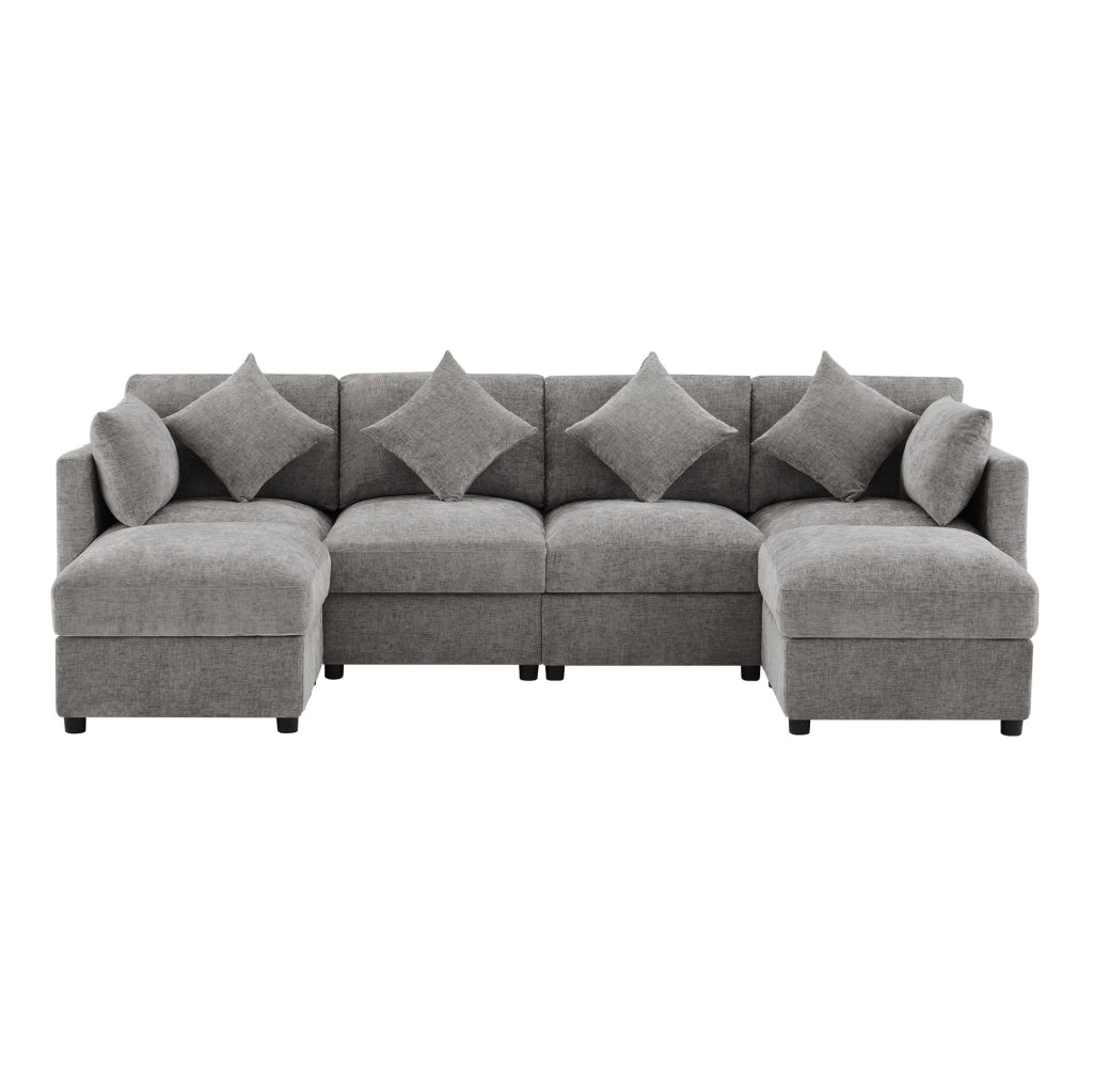 Sofa modulare ad angolo a forma di U/L in tessuto chenille grigio con 2 pouf e 6 cuscini