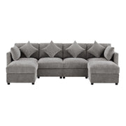 Sofa modulare ad angolo a forma di U/L in tessuto chenille grigio con 2 pouf e 6 cuscini