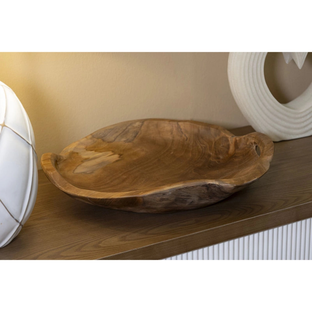 Vassoio svuotatasche Wahan in teak riciclato con manici 42x36x7 cm — pezzo unico