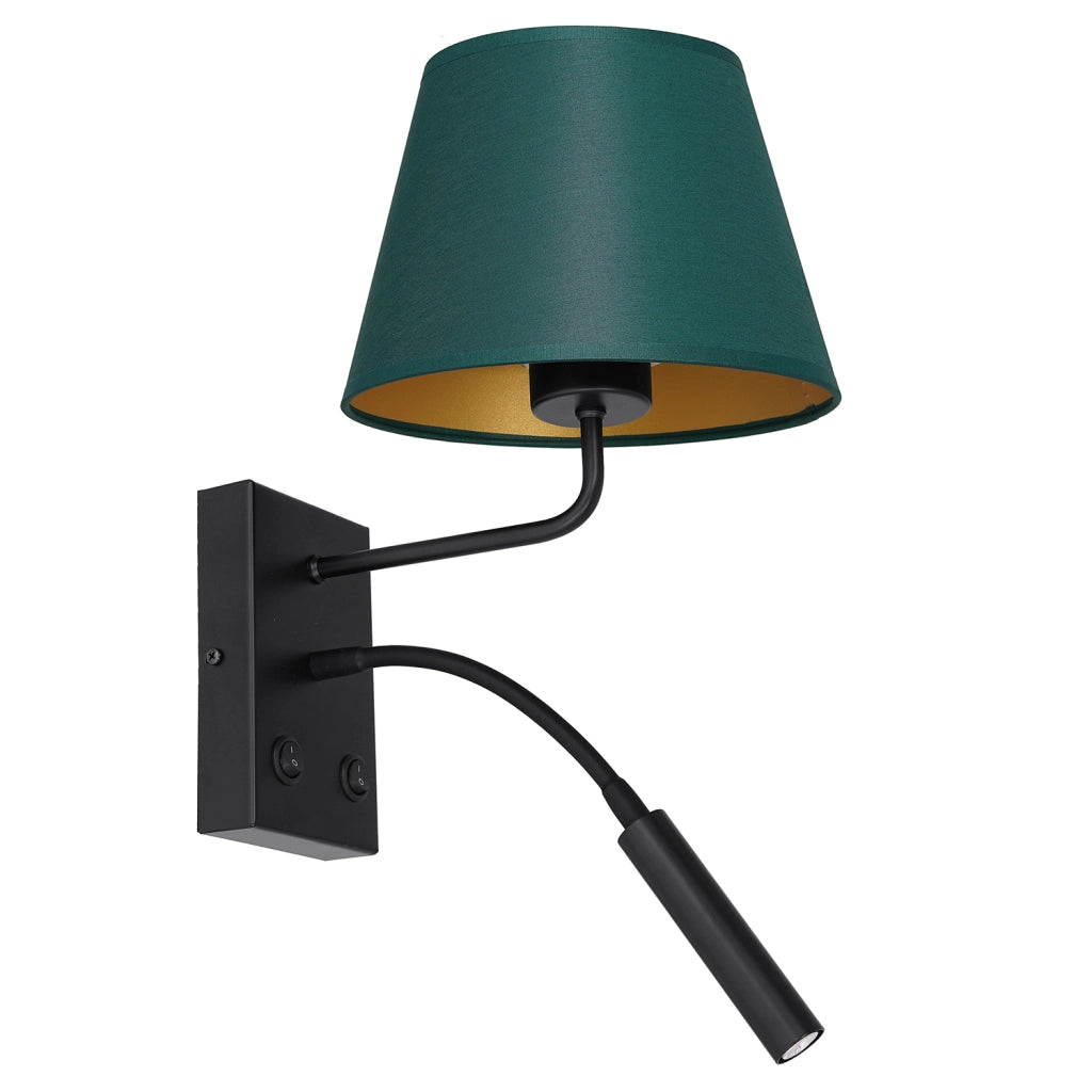 Applique nera paralume verde oro, lettura, E27+G9 Luminex