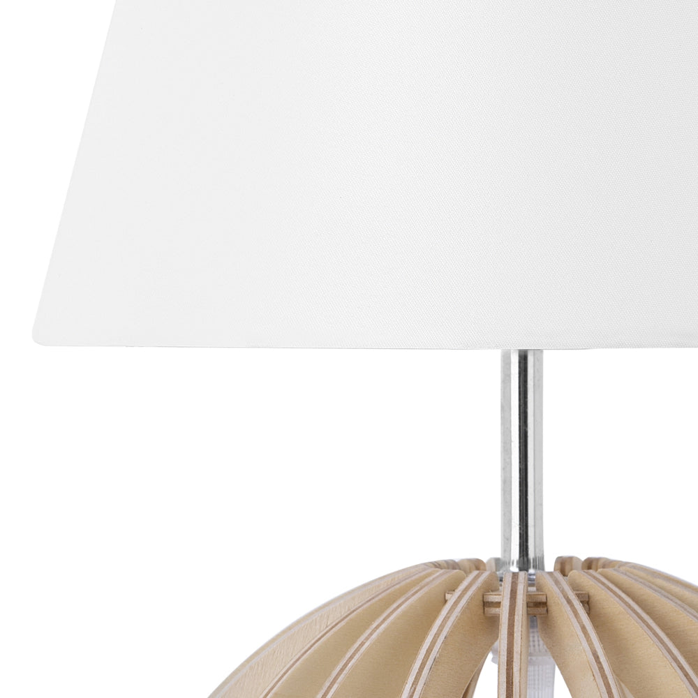 Lampada da Tavolo Rotonda Base in Legno Chiaro Paralume in Tessuto Bianco Moderna