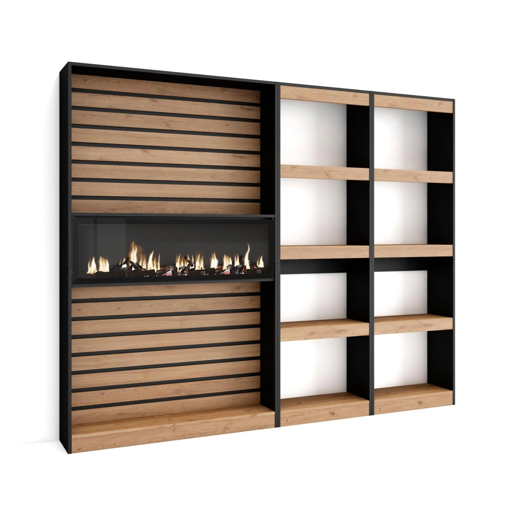 Libreria scaffale, 230x25x186cm, Soggiorno, Ufficio, Camino elettrico, colore Rovere e nero RF2422