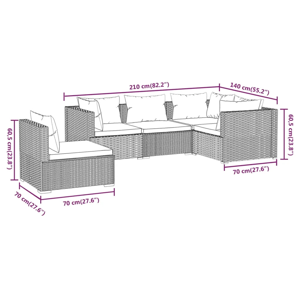 Set Divani da Giardino 5 pz con Cuscini in Polyrattan Grigio cod mxl 40462