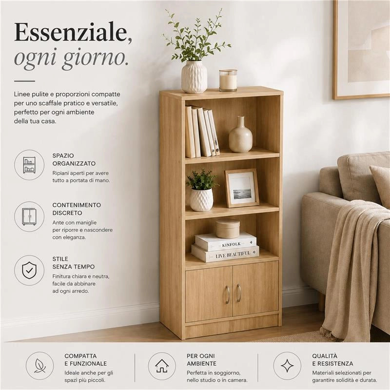 LIBRERIA IN MDF ROVERE CON TRE RIPIANI E DUE ANTE MISURE: 51X24X120CM