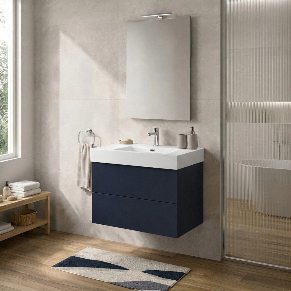 Mobile bagno sospeso 80 cm blu due cassetti push-pull e lavabo in resina Tierra