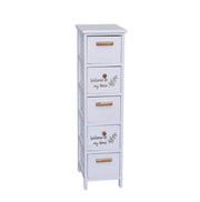 MOBILE BIANCO CON SCRITTA WELCOME COMPRESO DI 5 CASSETTI IN LEGNO DI DIMENSIONI 26 X 32 X 98 CM