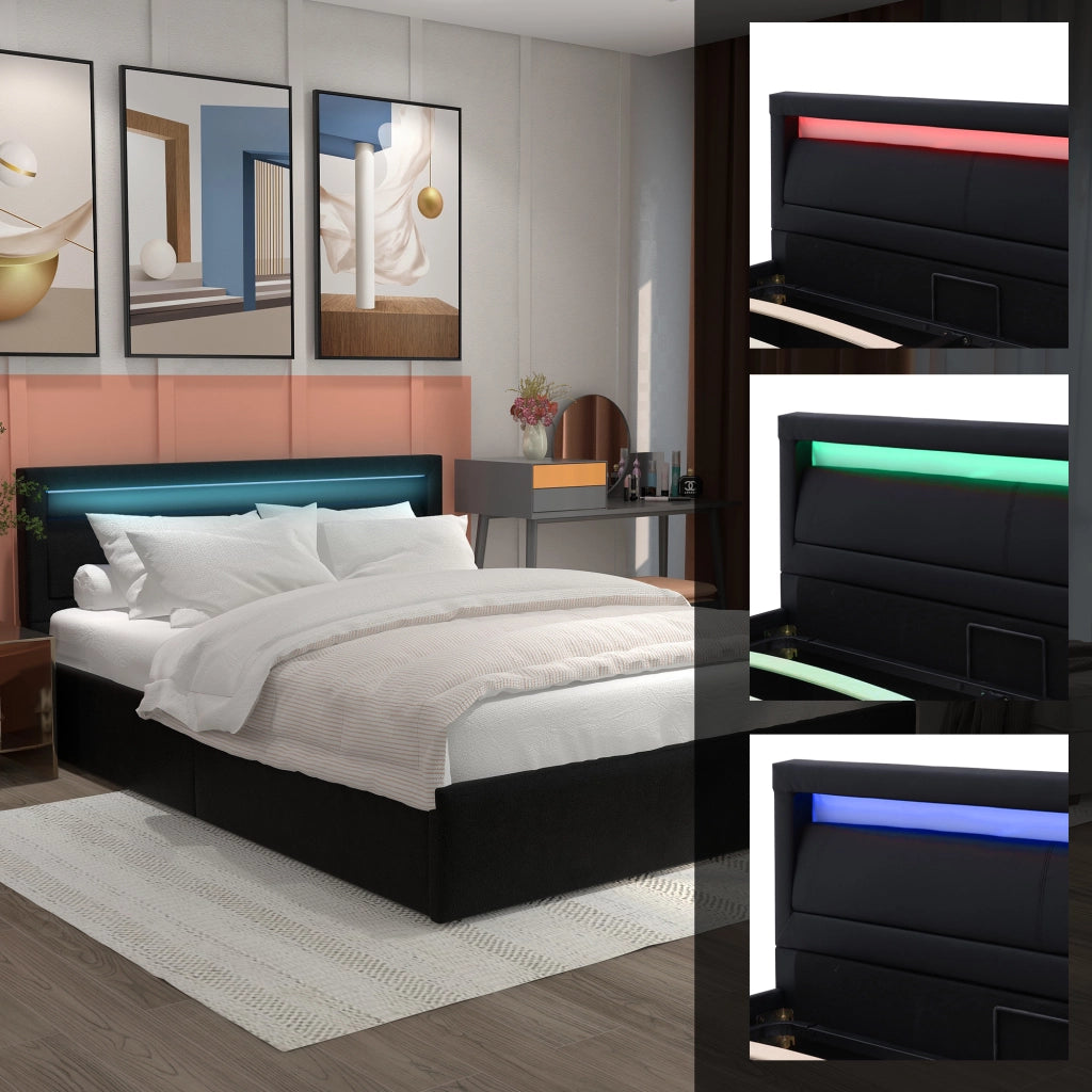Letto imbottito 140 × 190 cm 2 posti con contenitore, LED e testiera, senza materasso, in PU, nero