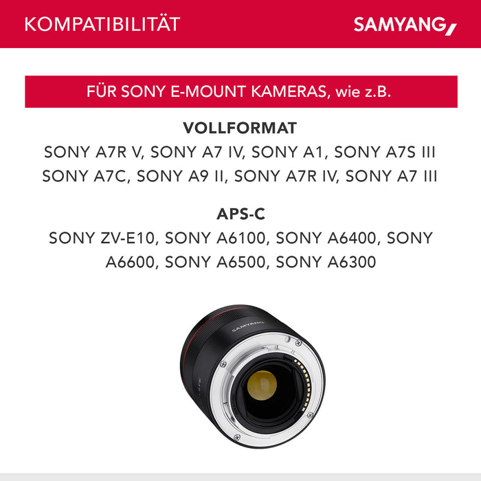 Obiettivo fotografico AF 45 mm compatibile con Sony FE, per full-frame e APS-C, Lunghezza focale fissa, autofocus e angolo di campo di 53°