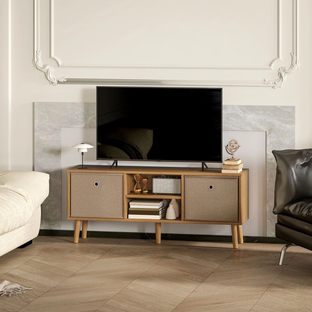 Mobile TV con 2 cassetti in tessuto e ripiani aperti ¨C zephmum ¨C legno e marrone 120x30x40