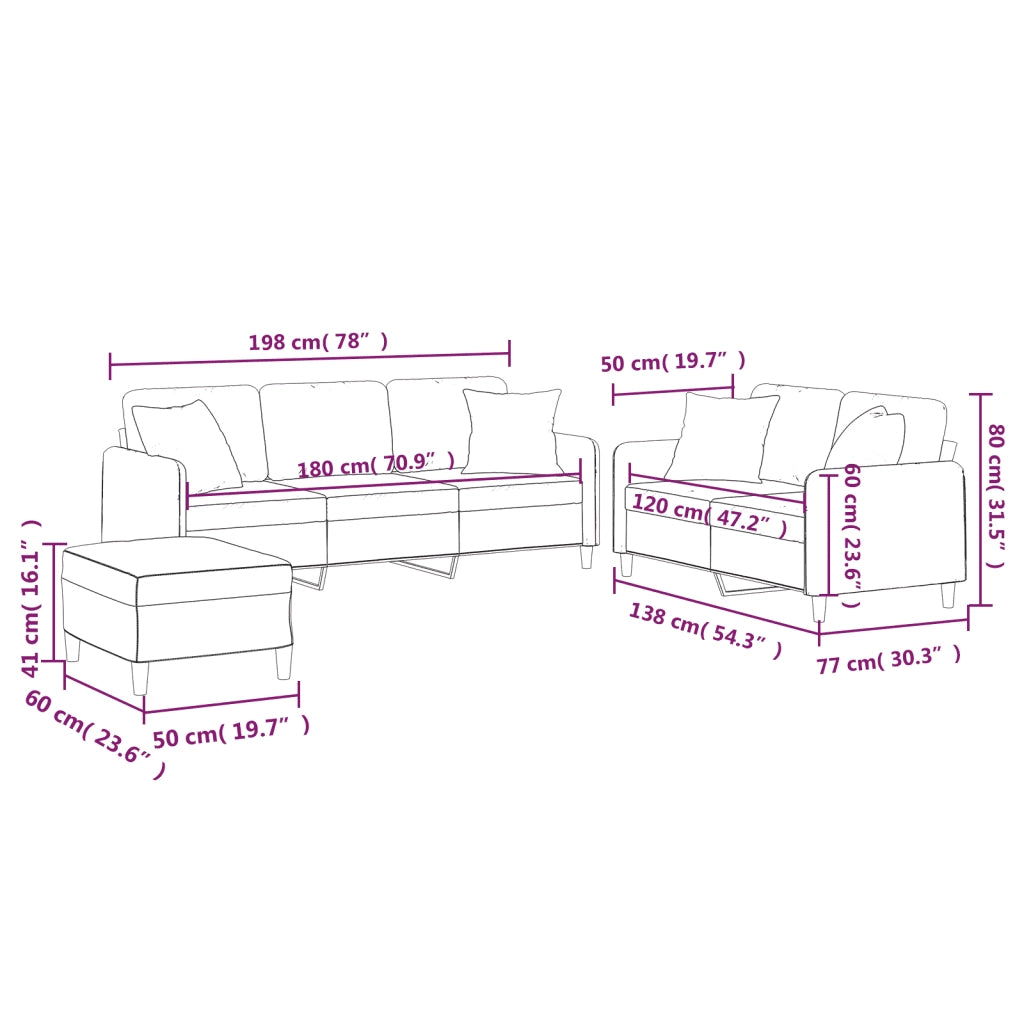 Set di Divani 3 pz con Cuscini Rosso Vino in Tessuto 3202148