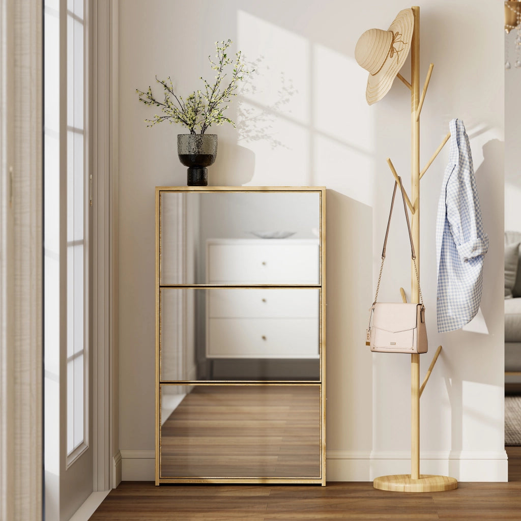 Scarpiera con specchio e 3 ante per ingresso ¨C zephmum ¨C legno naturale 65x17x114.5 cm