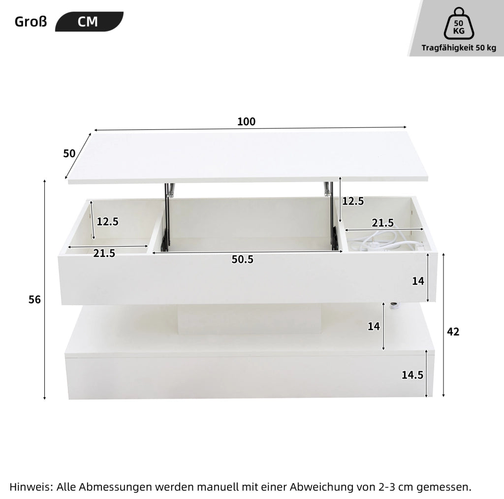 Tavolino da caffè 100x50x42 cm con piano sollevabile; LED e vano nascosto in truciolato bianco