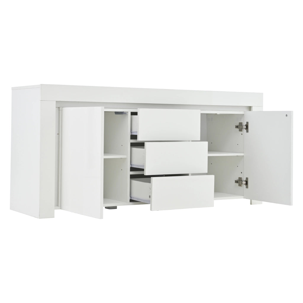 Credenza con 2 ante e 3 cassetti; LED; per soggiorno; in MDF; 140×40×65 cm; bianco