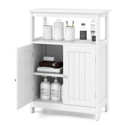 Armadio da pavimento per bagno con scomparto aperto, Organizzatore di stoccaggio con 2 porte e ripiano regolabile Bianco-Armadietti da bagno