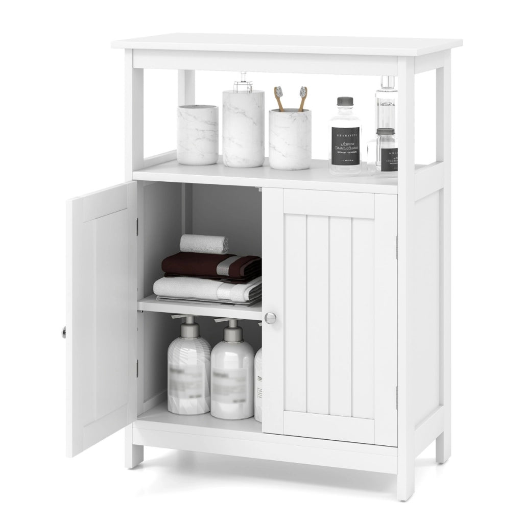 Armadio da pavimento per bagno con scomparto aperto, Organizzatore di stoccaggio con 2 porte e ripiano regolabile Bianco-Armadietti da bagno