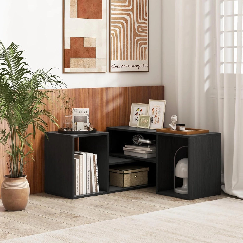 Mobile Porta TV Combinabile a 2 Pezzi, per TV Fino a 60'', Mobile TV a Angolo Soggiorno in Legno, con 4 Vani Aperti, Tavolo Media TV Multifunzionale, per Soggiorno, Camera da Letto (Nero)