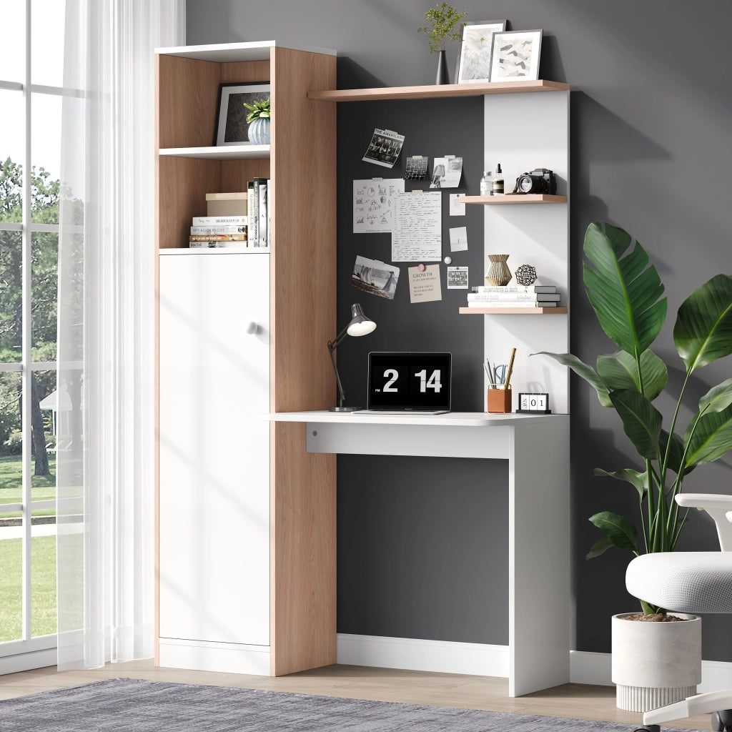 Scrivania con contenitore e scaffalature aperte, design moderno bianco e effetto legno, 123,5x45x168,5 cm