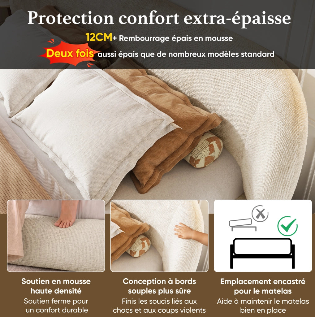 Letto matrimoniale imbottito 180 x 200 cm in ciniglia beige con rete a doghe e testiera