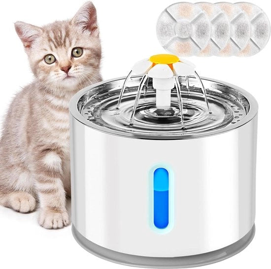 Fontaniera per animali da 2,4L con luce LED - sistema di filtraggio quadruplo con quattro filtri attivi a carbone.