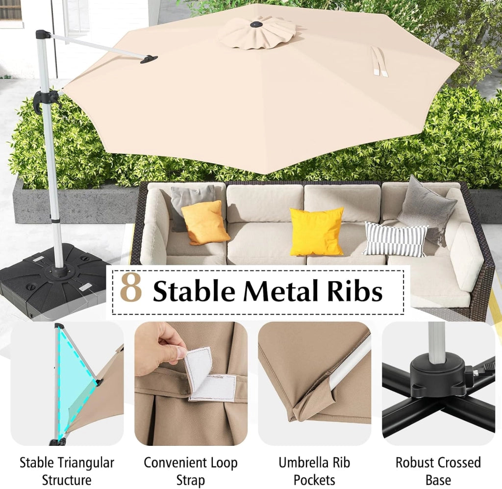 Ombrellone da Giardino Rotondo 3x3, Ombrellone da Balcone Girevole a 360°, Ombrellone Parasole con Manovella, Inclinabile e Regolabile, Ombrellone da Cortile, Terrazza, Ø 340 cm, senza Base