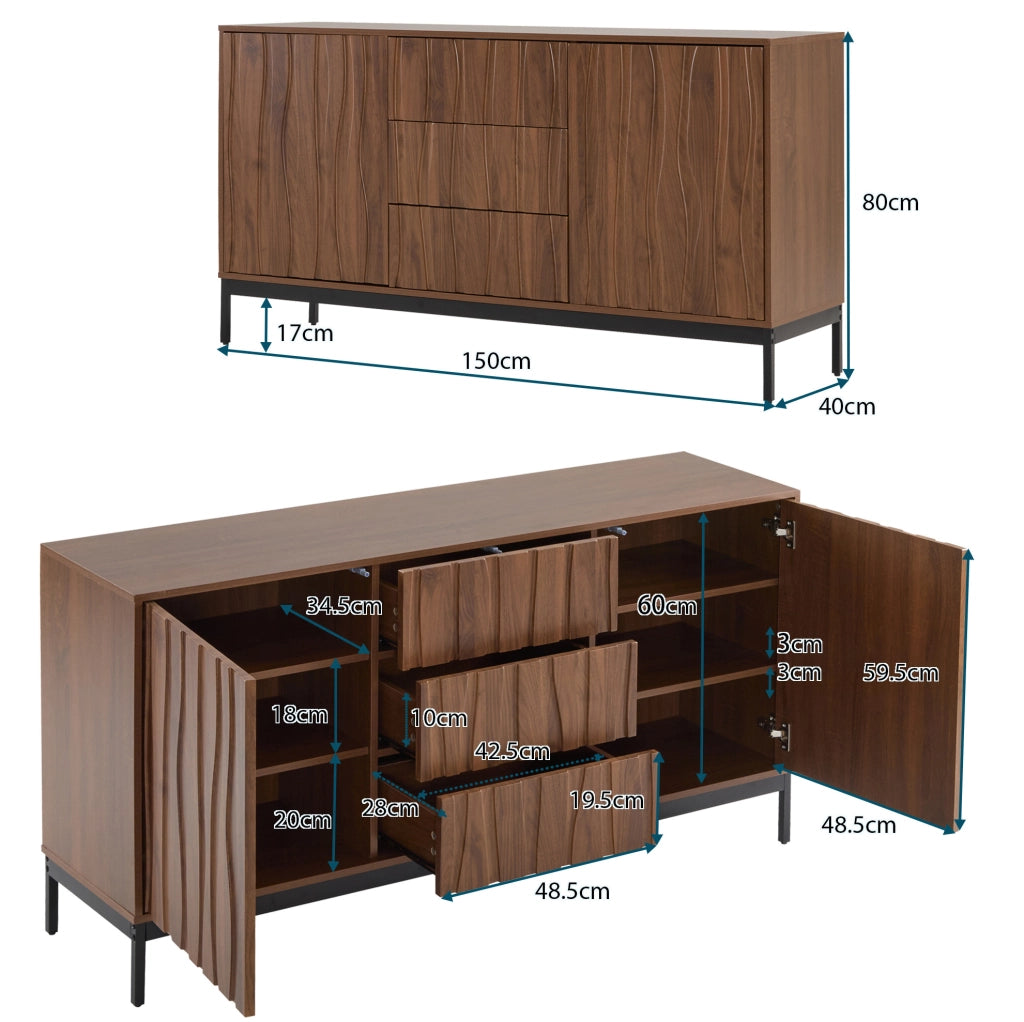 Credenza 150x40x80 cm con cassetti e ripiani regolabili; pannello MDF e truciolare marrone scuro