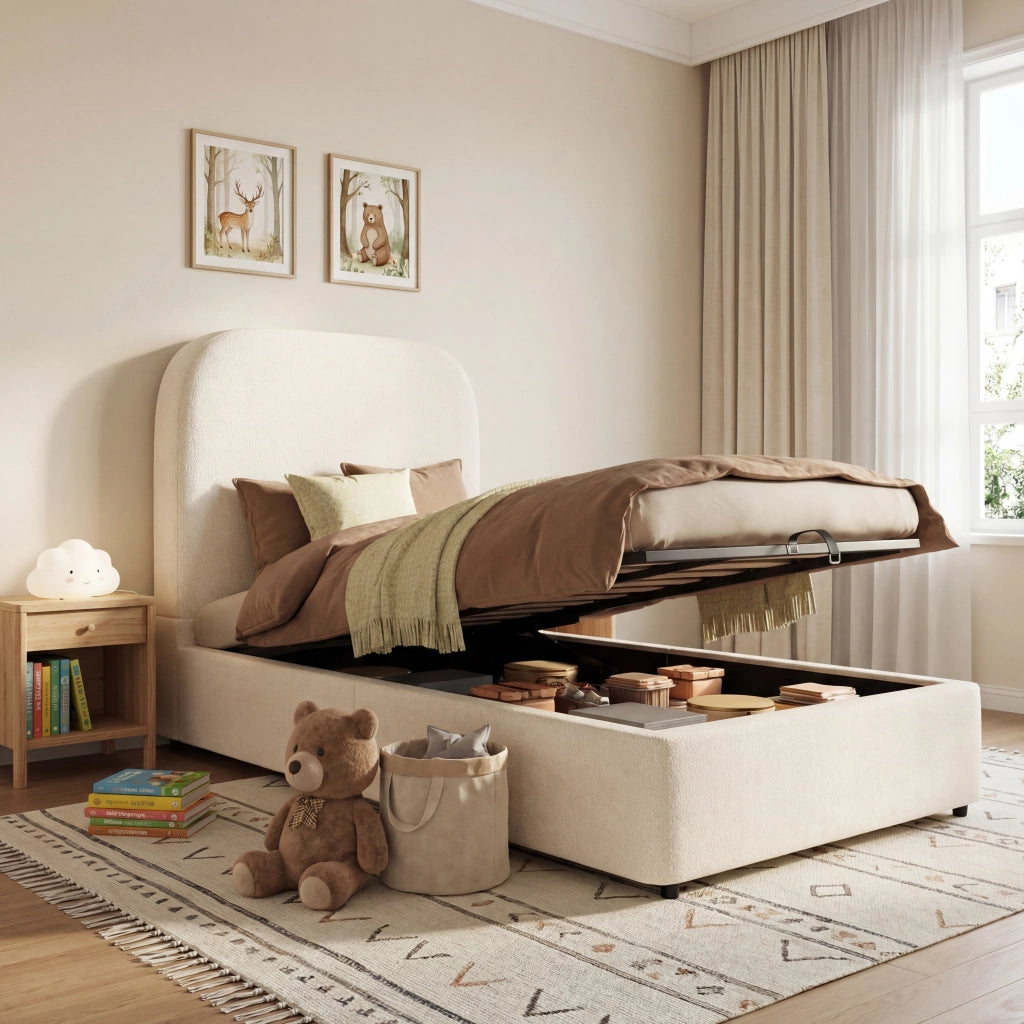Letto contenitore singolo 90x200 cm per bambini; con contenitore idraulico; rete a doghe; testiera capitonné; bouclé; beige