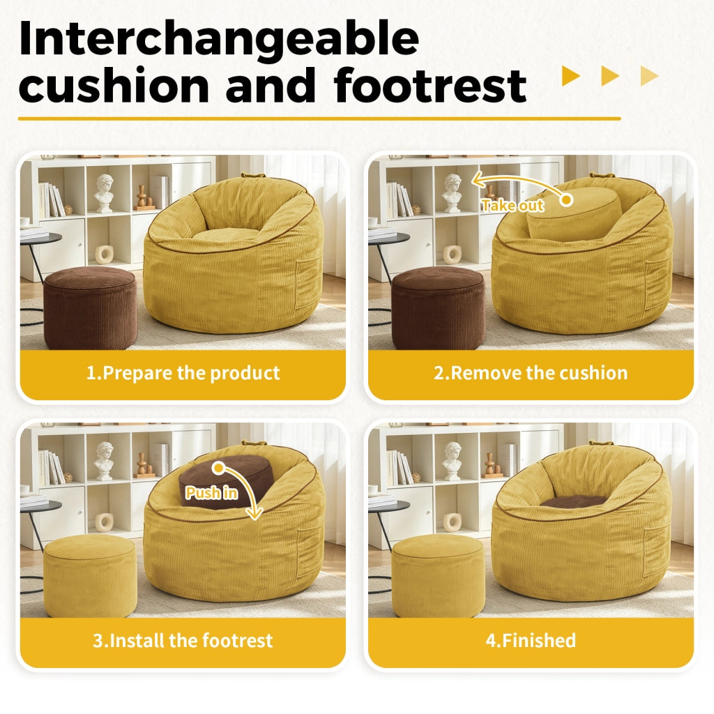 Poltrona con pouf sagomata ergonomica con tasca laterale portaoggetti per relax e lettura in flanella gialla