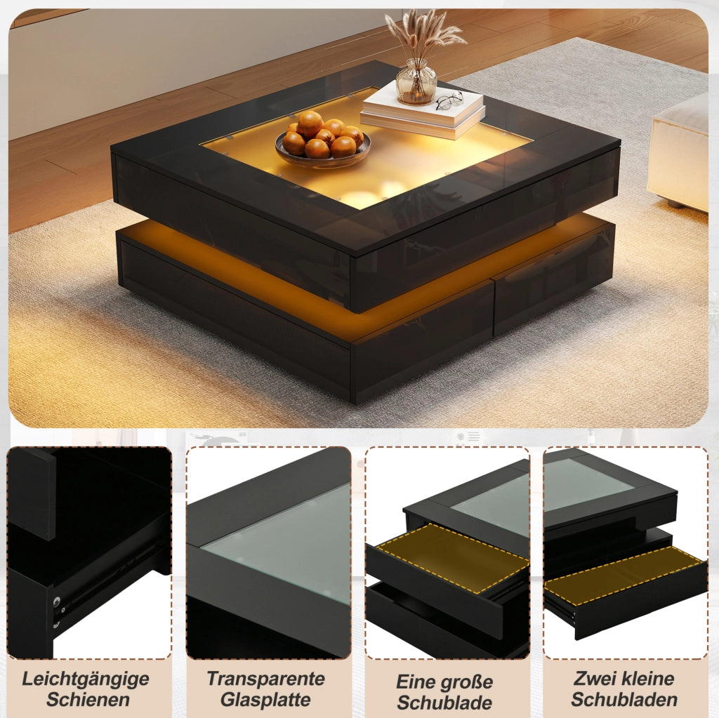 Tavolino da salotto quadrato 70 x 70 x 35 cm con 3 cassetti; vetro temperato e LED; nero
