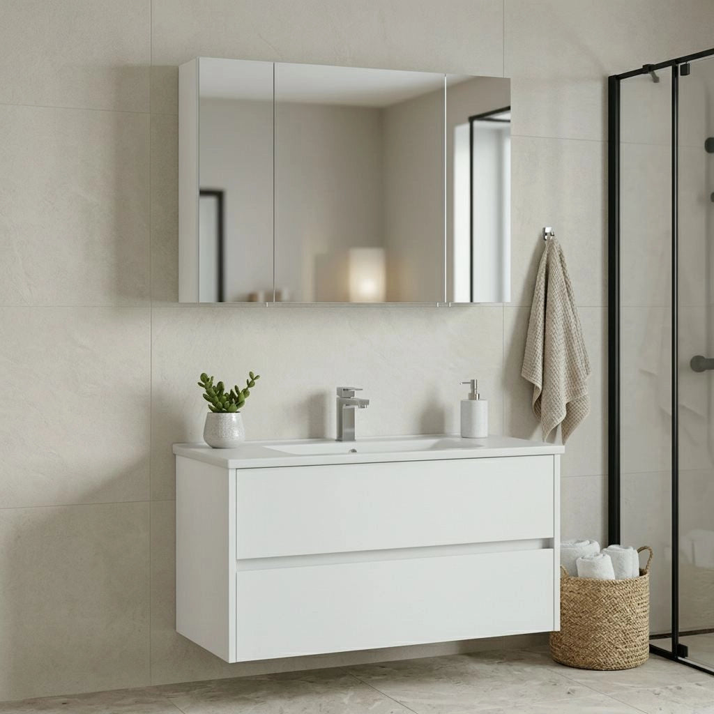 Set mobile lavabo con specchio (2 pezzi) "Side 100 v3" - 100 x 16 x 52 cm - Bianco opaco
